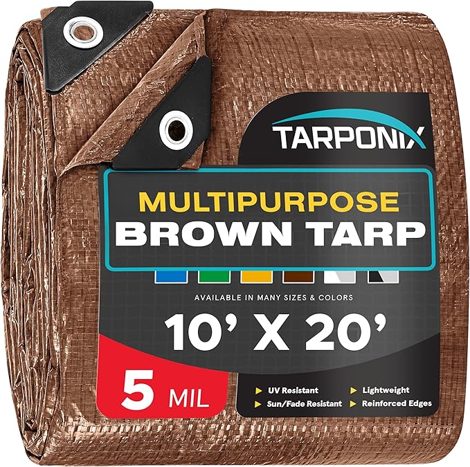 Brown Poly Tarp 10’ x 20’ – Lightweight 5 Mil Waterproof Cover – Durable, Weatherproof, Multipurpose Protection for Camping, Roofing, Construction