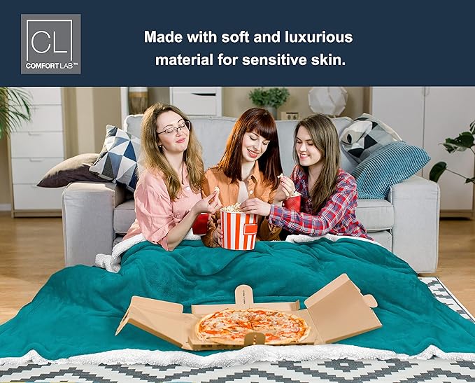Comfort Lab Reversible Flannel Sherpa Throw Blanket - Elegant Fluffy Throw Blankets for Couch and Home Decor - Anti Pilling Non Shedding Cozy & Warm Fleece Throws - Oversize Throw (60" x 70") - Teal