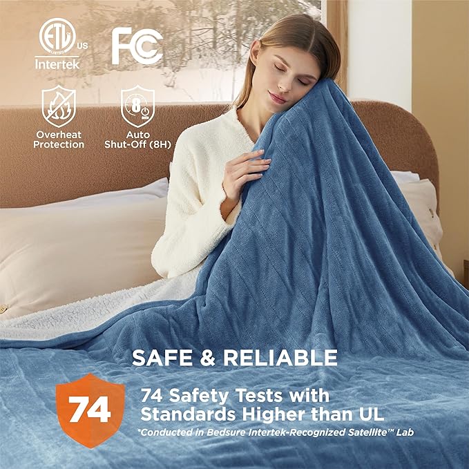 Bedsure Electric Blanket Queen Size - Dual Control Heated Blanket Queen, Fast Heating with 10 Time Settings & 10 Heat Settings, Warm Gift for Grandma (84x90 inches, Blue)