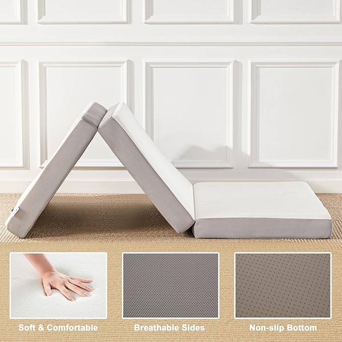 Folding Mattress, 4 Inch Memory Foam Tri-fold with Breathable Bamboo Fiber Fabric Cover, Foldable Floor Mattress Guest Bed for Camping, Road Trip, Single