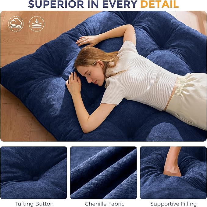 MAXYOYO Floor Mattress Full Size, 6" Chenille Japanese Futon Mattress Foldable Floor Bed for Adults Tufted Roll Up Floor Couch Bed, Tatami Mat Sleeping Pad for Living Room, Bedroom, Navy
