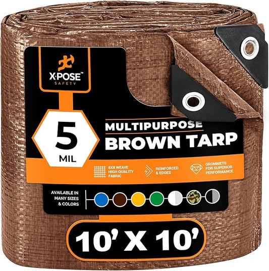 Multipurpose Protective Cover Brown Poly Tarp 10' x 10' - Durable, Water Resistant, Weather Resistant - 5 Mil Thick Polyethylene - by Xpose Safety