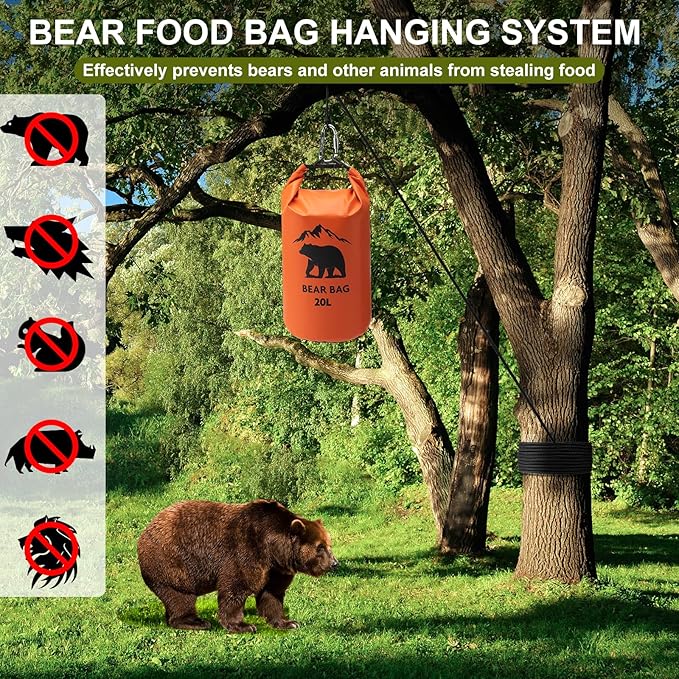 1 Set Bear Bags for Food Backpacking 20L Bear Food Bag Hanging System Bear Proof Food Storage Includes Waterproof Bear Bag, Rock Pouch, Hooks and Nylon Ropes for Camping Hiking (20 L, Orange)