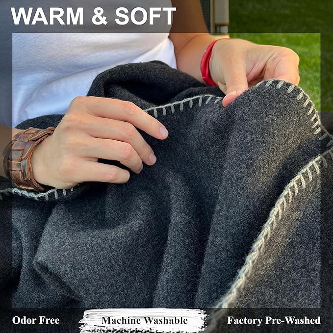 EKTOS 100% Virgin Wool Blankets, 90" x 78", Emergency Blanket for Car, Winter Camping (Charcoal, Full Size)
