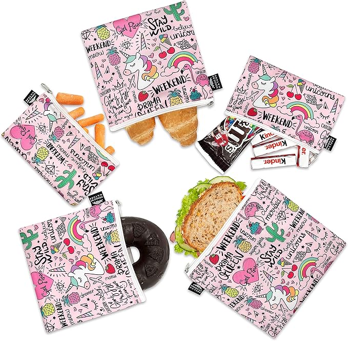 Nordic By Nature-Dual Layer Reusable Sandwich & Snack Bags – BPA-Free, Easy Clean, School Lunch Bags for Kids & Adults (Unicorns & Rainbows)