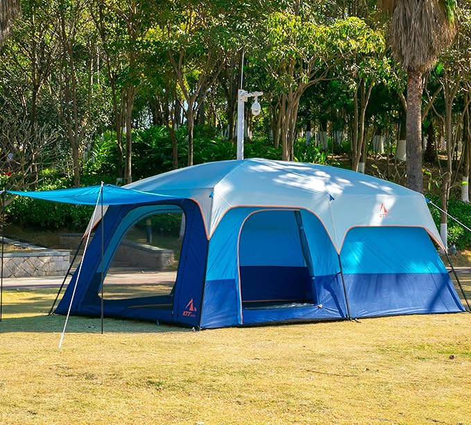 KTT Extra Large Tent 6-10-12-14 Person(B),Family Cabin Tents,2 Rooms,3 Doors and 3 Windows with Mesh,Straight Wall,Waterproof,Double Layer,Big Tent for Outdoor,Picnic,Camping,Family Gathering