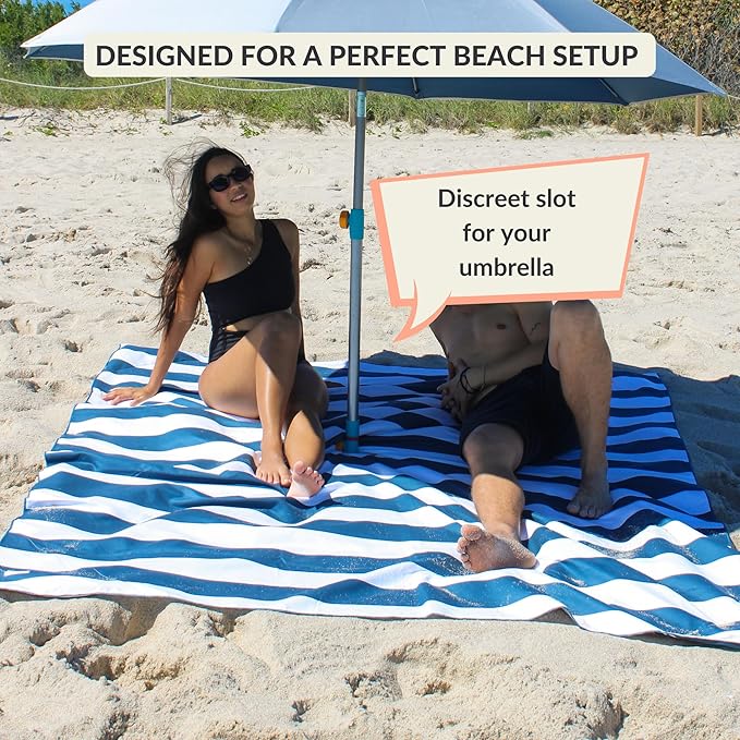 Plush Microfiber Beach Blanket, Extra Large Beach Mat for 3-6 Persons, Sandproof, Windproof | Hole for Umbrella, Corner Sand Pockets to Fight Wind (Bag for Blanket Included)