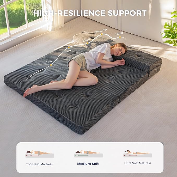 MAXYOYO Folding Mattress, 4 Inch Tufted Foldable Mattress Full Foam Bed, Tri-Fold Floor Couch with Handles Guest Bed Topper Portable Camping Mat with Corded Fabric, Full Size, Dark Grey