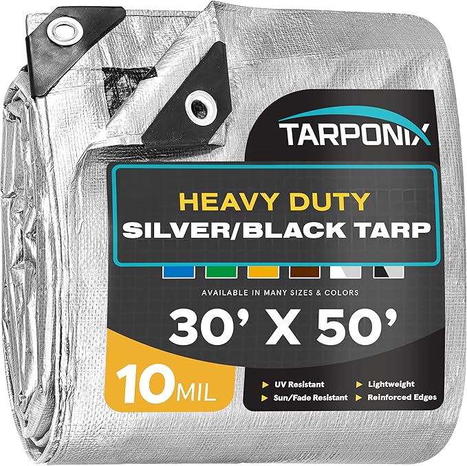 30' x 50' Dual-Sided Heavy-Duty Tarp – 10 Mil Tear-Resistant Silver & Black Cover with Reinforced Edges and Anti-Rust Grommets