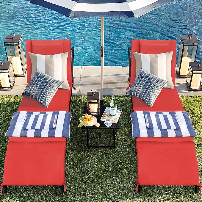 GUNJI Lounge Chairs for Outside 3 Pieces Patio Adjustable Chaise Lounge Outdoor Wicker Lounge Chairs Set of 2 with Table Folding Chaise Lounger for Poolside, Deck, Lawn (Red)