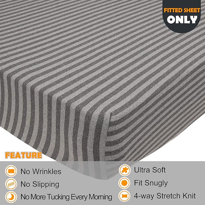 Twin Size Fitted Sheet Only - 4-Way Stretch Jersey Knit, T-Shirt Feeling & Ultra Soft, Wrinkle Free, Non-Slip & Snug Fit for Mattress (Deep: 5"-16") - Gray & Black, Twin