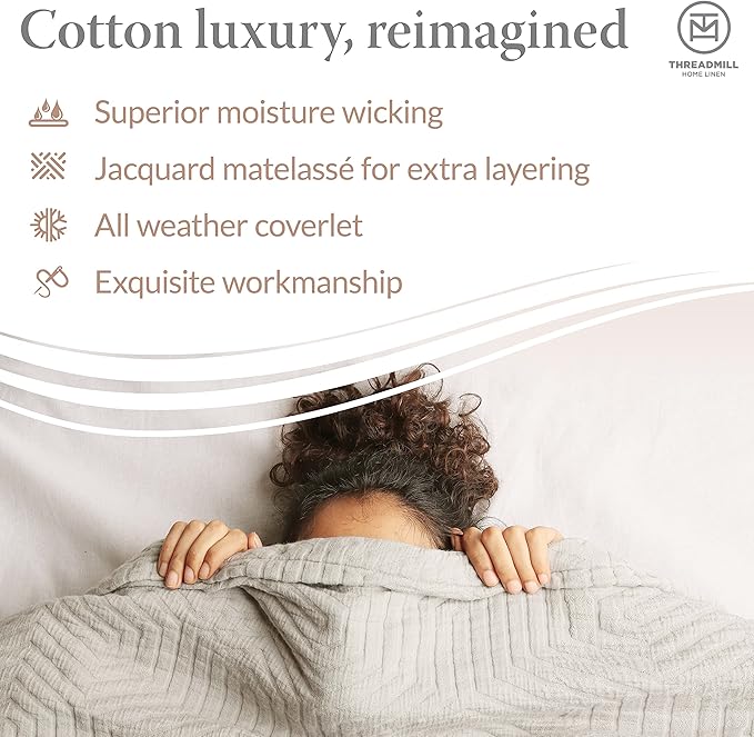 Threadmill Luxury Cotton Blankets for Queen Size Bed | All-Season 100% Cotton Queen Size Blanket | Aster Jacquard Cozy Lightweight, Soft Breathable Coverlet fits Full Size Bed, 90x92 | White
