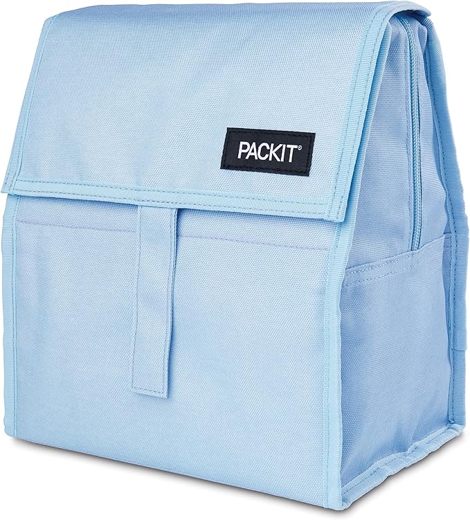 Packit® Freezable Lunch Bag, Sky Blue, Built with ECOFREEZE® Technology, Foldable, Reusable, Zip and Velcro Closure with Buckle Handle, Designed for Work Lunches and Fresh Lunch On the Go