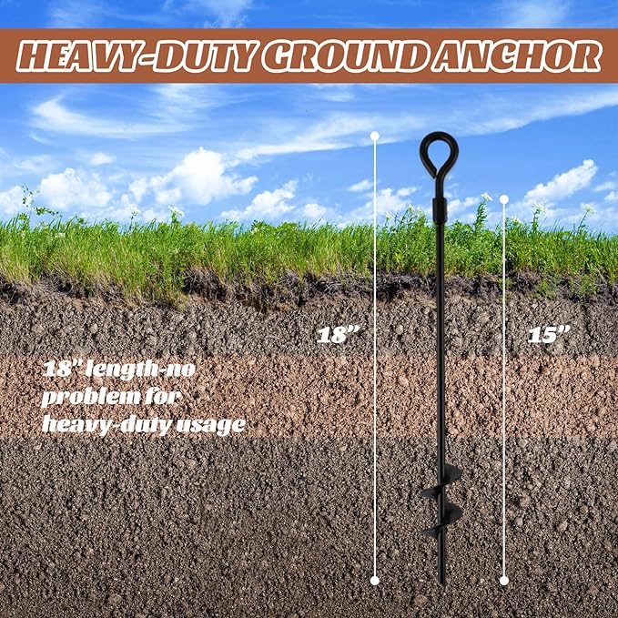 MIXXIDEA18 Inch Ground Anchors Screw in Folding Ring Spiral Metal Ground Stakes Dog Tie Out Stake Spiraling Anchor Trampoline Anchors for Tent (black-4pk)