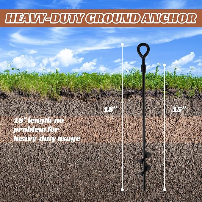 MIXXIDEA18 Inch Ground Anchors Screw in Folding Ring Spiral Metal Ground Stakes Dog Tie Out Stake Spiraling Anchor Trampoline Anchors for Tent (black-6pk)