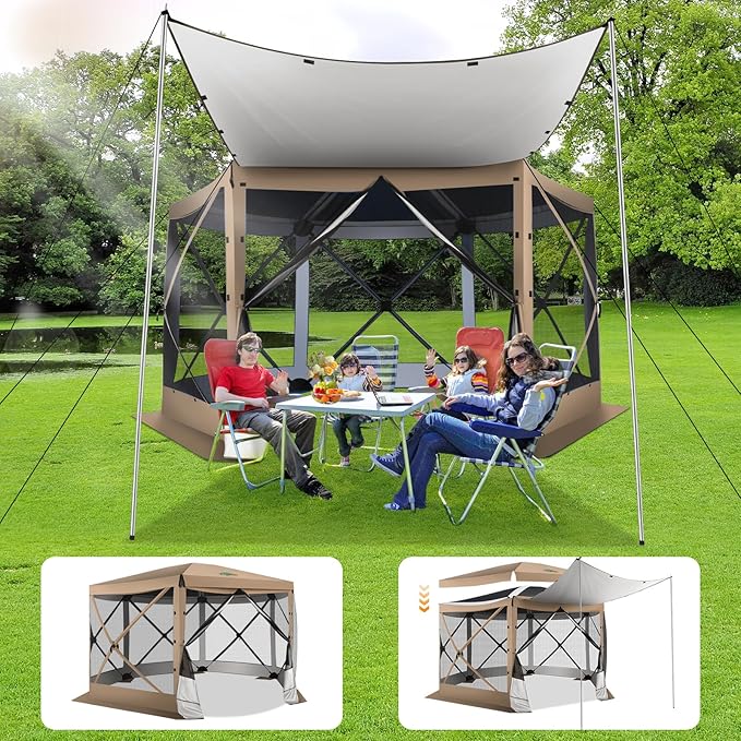 COBIZI 12x12FT Pop Up Gazebo Screen Tent Screen House for Camping, Camping Outdoor Screened Gazebo with Sidewalls, Hub Tent Instant Screened Canopy with Carrying Bag and Ground Stakes, khaki(Upgraded)