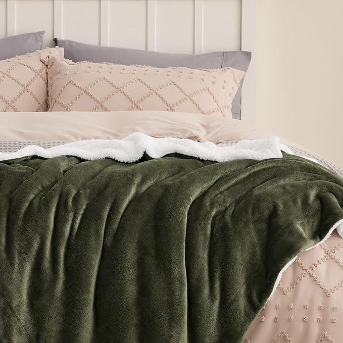 Bedsure GentleSoft Sherpa Fleece Blankets King Size for Bed - Thick and Warm, Soft Fuzzy Plush King Blanket for Winter, Olive Green, 108x90 Inches