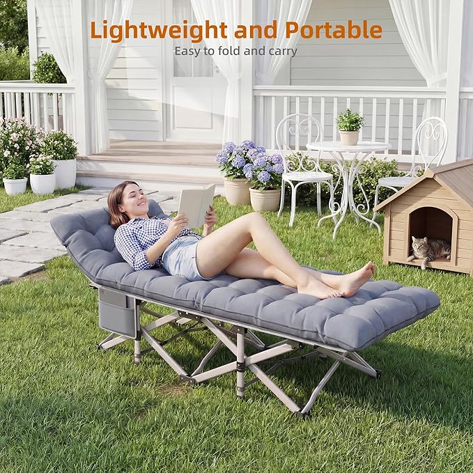Folding Camping Cot for Adults with Removable Padded Cushion, Portable Heavy Duty Sleeping Cot with Head Tilt Design, Foldable Camp Bed with Carry Bag for Camping Travel Office Nap Guest Bed