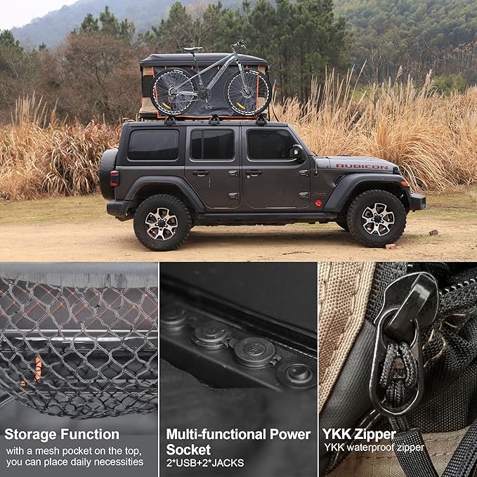 Naturnest Hard Shell Single Roof Tent, 2 Door ABS Roof Tent with 3-Color LED Lights and Built-in USB Plug for Vans, Jeeps, SUVs and Trucks