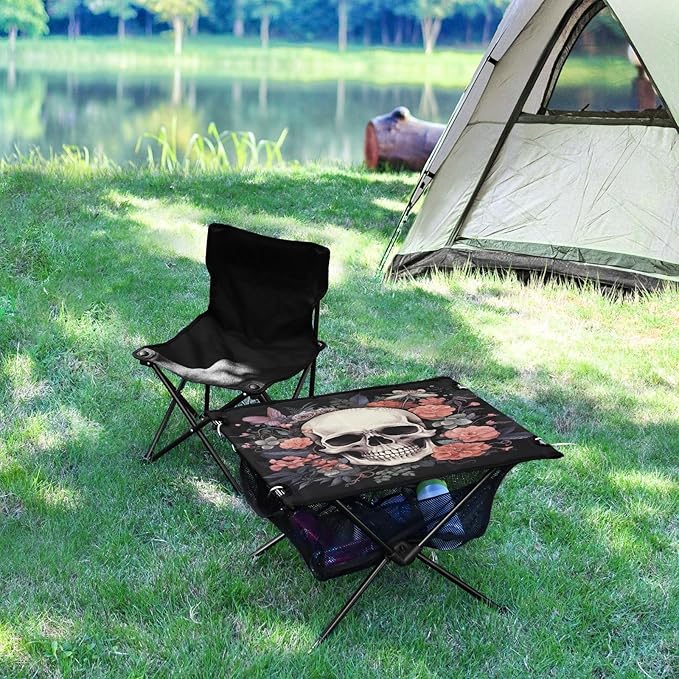 Skull Portable Folding Camping Table, Compact Lightweight Beach Table with Carrying Bag for Outdoor Picnics, BBQs, Camp