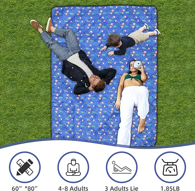 Outdoor Picnic Blanket Blue Floral 60"x80" Sandproof Beach Blanket Waterproof Picnic Blankets Foldable for Caming, Beach, Outdoor Activities.