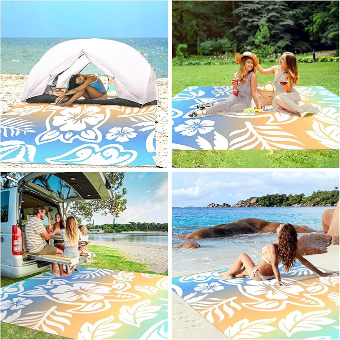 Beach Blanket, 78''×86'' Large Waterproof Sandproof Beach Mat for 2-4 Adults, Lightweight Compact Sand Free Outdoor Picnic Blanket with 4 Stakes & 4 Corner Pockets