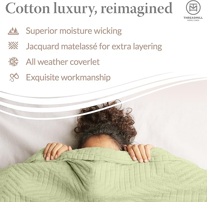 Threadmill Luxury Cotton Blankets for Twin Size Bed | All-Season 100% Cotton Twin Blanket for Bed | Aster Jacquard Lightweight, Soft & Cozy Coverlet, 350GSM, 68x90 inches | Sage Green