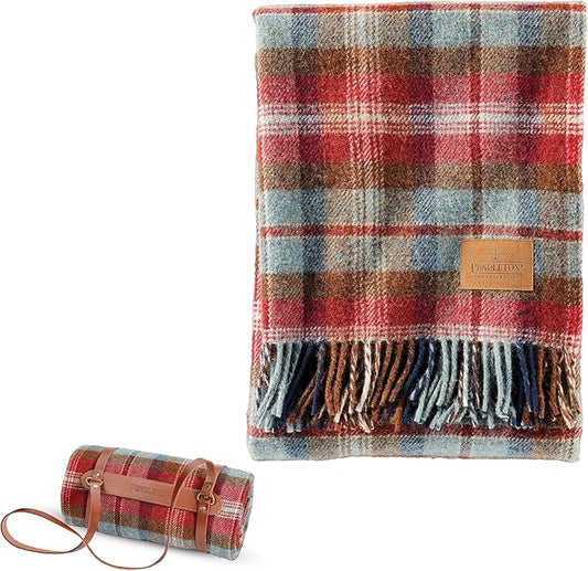 Pendleton Wool Blanket - Camping Blanket with Leather Strap Carrier - Plaid, Soft, Virgin Wool, Backpacking Blanket for Warmth and Comfort, Outdoor Adventures, Travel, Picnics, and Cozy Home Comfort