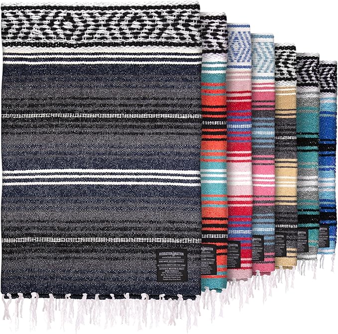 Hydration Nation Authentic Extra Large Mexican Blanket (70"x50") - Handwoven Yoga, Serape - Artisanal Falsa, Beach, Camping, Picnic, Outdoor (Blue Haze)