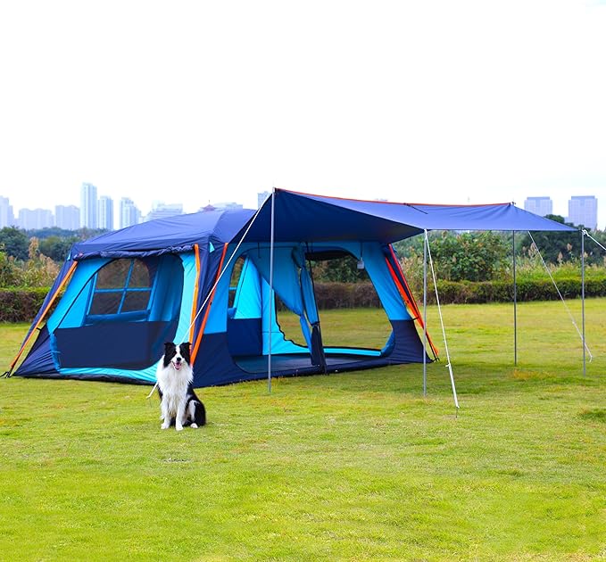 KTT Extra Large Tent 12 Person(A),Awning Family Cabin Tents,2 Rooms,4 Doors and 4 Windows with Mesh,Straight Wall,Waterproof,Double Layer,Big Tent for Outdoor,Picnic,Camping,Family Gathering。