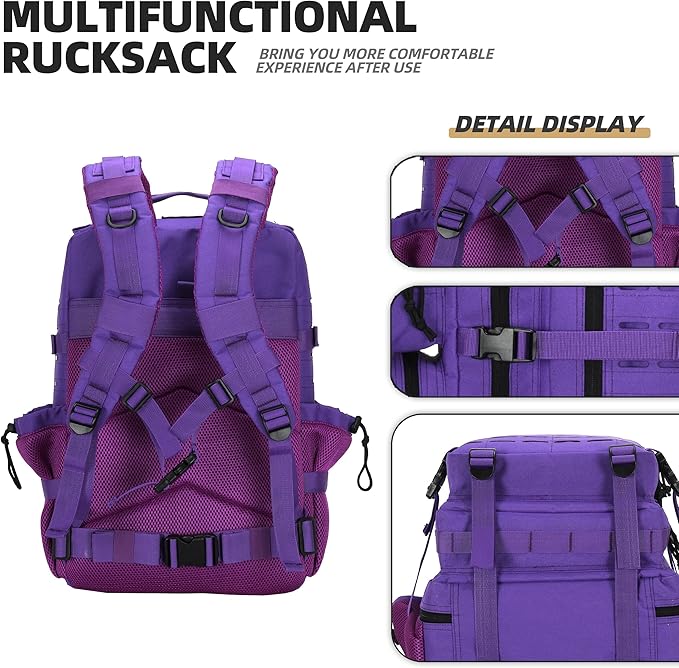 45L Military Tactical Backpacks 3 Days Assault Pack Bag Fitness Rucksack 3 Day Bug Out Bag Hiking Treeking Molle Daypack (Purple)