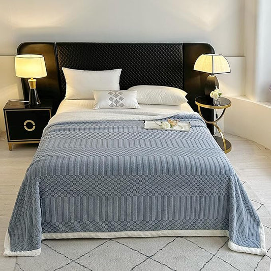 UKELER Sherpa Fleece Blanket 60 × 80 inch, Ultra Soft Twin Size Throw Blankets for All Season, Cozy Plush Striped Blanket for Bed Couch Sofa Office Camping, Blue Grey