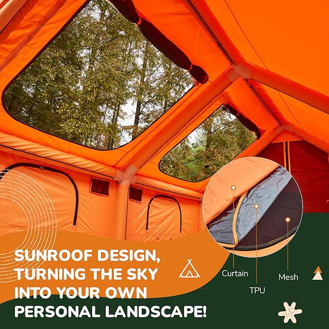EROMMY 4/6/8/12 Person Inflatable Tent with Skylight, 4 Season Blow Up Tents with Hand Pump for Outdoor Camping & Hiking, Easy Set-up Windproof Sunproof Waterproof