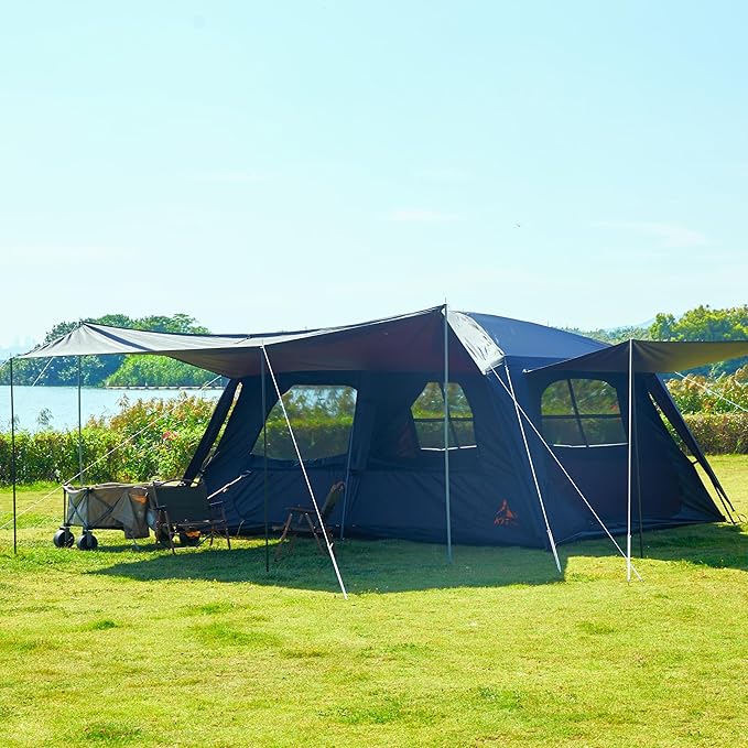 KTT Extra Large Tent 12 Person(A),Awning Family Cabin Tents,2 Rooms,4 Doors and 4 Windows with Mesh,Straight Wall,Waterproof,Double Layer,Big Tent for Outdoor,Picnic,Camping,Family Gathering。