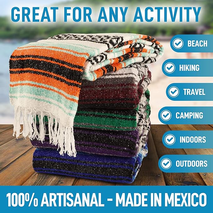 Hydration Nation Authentic Extra Large Mexican Blanket - 70"x50" Handwoven Yoga, Serape, Artisanal Falsa, Beach, Camping, Picnic, Outdoor Blanket - King Blue