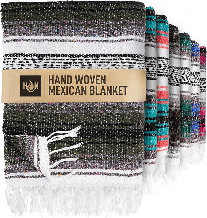 Hydration Nation Authentic Extra Large Mexican Blanket - 70"x50" Handwoven Yoga, Serape, Artisanal Falsa - Camping, Picnic, Outdoor (Military Green)