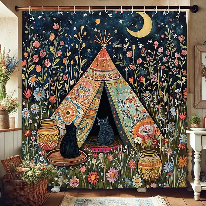 Bohemian Cats Shower Curtain, Colorful Floral Camping Tent Shower Curtain for Bathroom Décor, Summer Nature Inspired Waterproof Fabric Curtain Set with Hooks 72x78 Inch