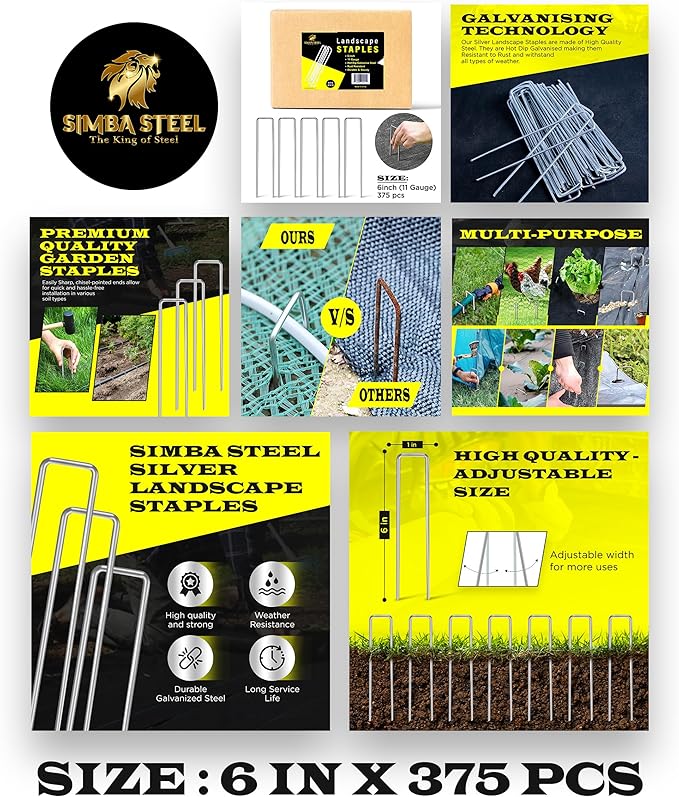 600 Pack x 6 Inch Landscape Staples Galvanised, Fabric Pins, 11 Gauge, Garden Staples, Tent Stakes, Fabric Pins for Lawn, Fence, Tent, Decoration, Weed Barrier, Outdoor. (600 x 6in)