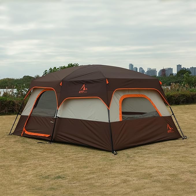 KTT Extra Large Tent 6-10-12-14 Person(Style-B),Family Cabin Tents,2 Rooms,3 Doors and 3 Windows with Mesh,Straight Wall,Waterproof,Double Layer,Big Tent for Outdoor,Picnic,Camping,Family Gathering