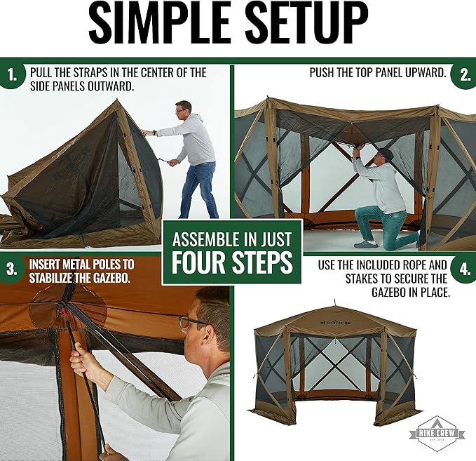 Hike Crew 12’ x 12’ Pop-Up Gazebo Screen Tent | Screened 6-Sided Instant Outdoor Canopy Shelter with Stakes, Ropes & Carry Bag for Camping, Sports & Picnic Table | UV Resistant SPF 50+
