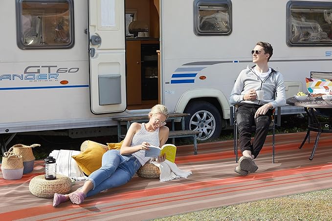 CGEAR RV Comfort Mat – Patented Sand-Free Technology with Ultra Soft Material – Sized to Your RV, Campsite, Beach House – Great Outdoor Patio Rug for RV and Camping (Earthy Stripe, 8' X 20')