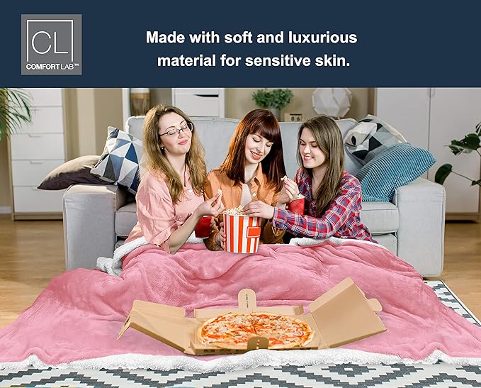Comfort Lab Reversible Flannel Sherpa Throw Blanket - Elegant Fluffy Throw Blankets for Couch and Home Decor - Anti Pilling Non Shedding Cozy & Warm Fleece Throws - Oversize Throw (60" x 70") - Blush