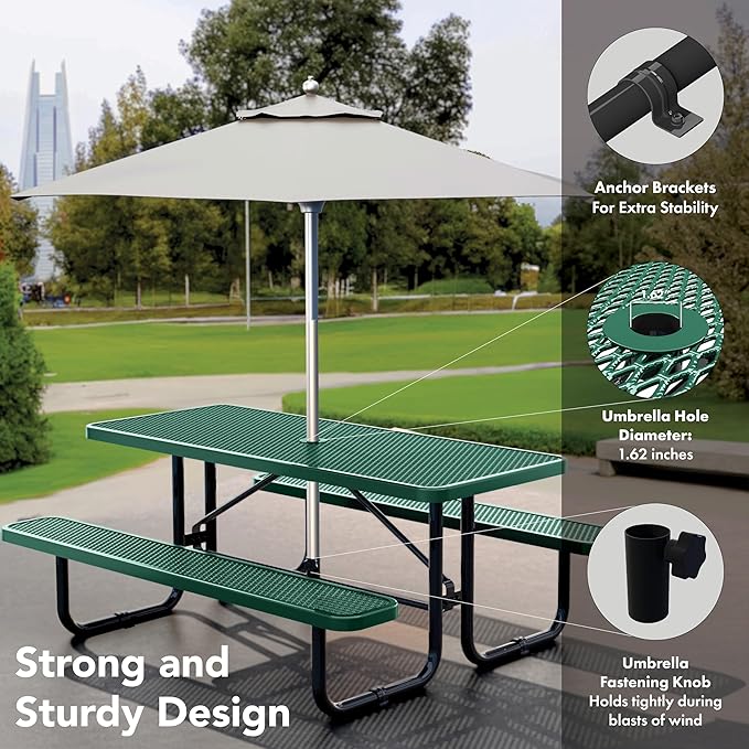 Metal Picnic Furniture for Outdoors with Umbrella Hole - Coated Steel Heavy Duty Commercial Grade Table with Adjustable Seats, Patio Set for a Lifetime (Green, 6' Rectangular)