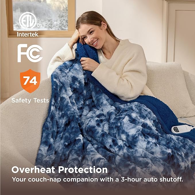 Bedsure Faux Fur Heated Blanket Throw Blanket, Fast Heating Electric Blanket with 6 Heating Levels & 4 Time Settings, Cozy Gifts for Women Men (50x60 inches, Denim Blue)