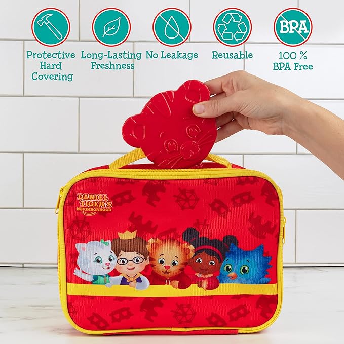 Daniel Tiger Reusable Hard Ice 4 Multi Pack- Slim Lightweight Design, Cool Thin Freezer Packs Keeps Food Cold for Longer- Easily Fits Inside Kids School Lunch Box Bento or Insulated Bag