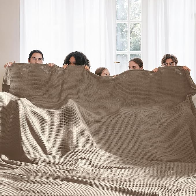 Bedsure Gentlesoft 100% Cotton Large Blanket Oversized King for Bed - Breathable Thick Waffle Weave Blanket for Summer, Couch Cover, Taupe, 120x94 inches