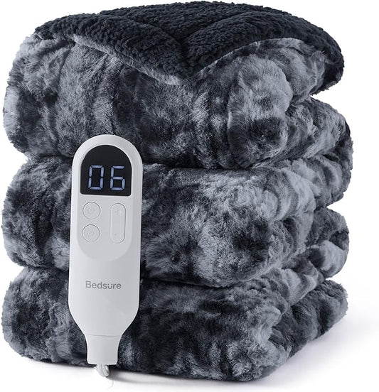 Bedsure Faux Fur Heated Blanket Twin Size, Fast Heating Electric Blanket Twin Size with 6 Heating Levels & 10 Time Settings, Cozy Gifts for Women Men (62x84 inches, Black)
