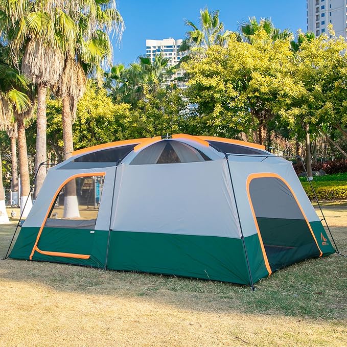 KTT Extra Large Tent 6-10-12-14 Person(Style-B),Family Cabin Tents,2 Rooms,3 Doors and 3 Windows with Mesh,Straight Wall,Waterproof,Double Layer,Big Tent for Outdoor,Picnic,Camping,Family Gathering