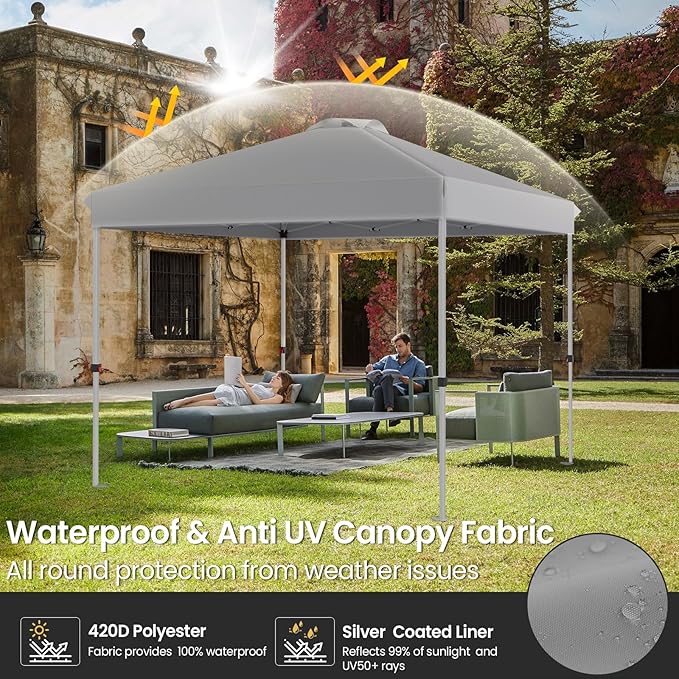 10x10 Pop Up Canopy, Heavy Duty Pop Up Tent with Wheeled Bag for Easy Moving, Easy Up Canopy Tent for Parties, Events, Camping, Outdoor Gazebo with 420D PU Coated Waterproof Grey Fabric