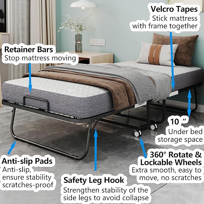 Folding Bed with Mattress 75" x 31" for Adults Single Cot Size Rollaway Foldable Extra Guest Bed with 5" Memory Foam Mattress for Home School College Student Dorm Lab Office Hospital Hotel Truck RV